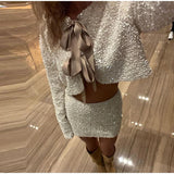 PICSGIRL  -  Fashion Sequins Cardigan Skirts Set Women Sexy Bow Lace Up Hollow-out O-neck Top Slim Mini Skirt 2025 Spring New Lady Shiny Suit