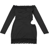 PICSGIRL  -  Women Sexy Lace Patchwork Hollow Out Bodycon Mini Dress Metal Buckle Off Shoulder Long Sleeve Hipster Party Clubwear Streetwear