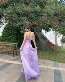 PICSGIRL - Elegant Purple Ruffled Prom Dress with Corset Back Sleevless Off-shoulder A-line Evening Party Dresses for Women Photoshoot