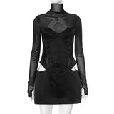 PICSGIRL  -  Sexy Women Mesh Turtleneck Mini Dress Fashion Patchwork Long Sleeve Satin Cut Out Dress Bodycon Short Club Party Dresses