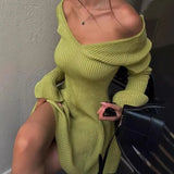 PICSGIRL  -  Knitted Off Shoulder V Neck Mini Dress Women's Sexy High Waist Long Sleeve Dress White Knitted Sweater Dress Robe Women