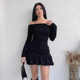 PICSGIRL  -  Off Shoulder Slim Ruffle Dress Female Bodycon Long Sleeve High Waist Pleated Mini Dresses Elegant Evening Sheath Dress