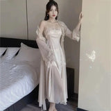 PICSGIRL  -  layered look inspo Female Long 2PCS Nighty&Robe Sleepwear Set Sexy Long Lace Trim Bathrobe Gown Suspender Nightdress Summer Loose Satin Home Wear