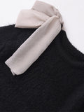 PICSGIRL  -  casual winter outfits Bow Patchwork Knitted Pullover Women Half Sleeve O-neck Female Sweater 2024 Autumn Winter Fashion Elegant Black Lady Knitwear