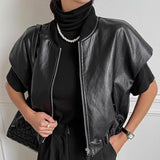 PICSGIRL  -  Retro High-End Leather Vest Women'S Autumn And Winter Round Neck Zipper Style Loose And Versatile Short Sleeved Jacket