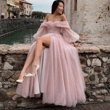 PICSGIRL - Bafftafe Pink Shiny Tulle Prom Dresses Off The Shoulder Long Puff Sleeve Evening Party Gowns Slit Women Arabia Wedding Dress