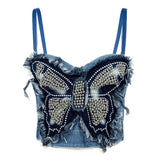 PICSGIRL  -  Vintage Butterfly Patchwork Denim Bralet with Fishbones Unique Beads Crystal Bralette Underwear Women Lingerie Bras Corset