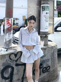 PICSGIRL  -  Blue Striped Set For Women'S Spring And Autumn Simple High Waisted Shirt Paired With A-Line Umbrella Skirt Two-Piece Set