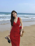 PICSGIRL  -  2024 Summer Korean Elegant Party Dress Women Casual Floral Print V-neck MIdi Dress Beach Style Backless Sexy Slim Sling Dress