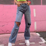 PICSGIRL  -  Women Fashion Harajuku Harem Korean Wide Leg Trousers Casual Ripped Hole Jeans Straight Denim Pants High Waist Streetwear