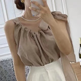 PICSGIRL  -  Summer Elegant Sexy Tank Tops Sleeveless Korean Clothes Stylish Slim Solid French Casual Bow Vest Tie Shirt for Women