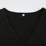 PICSGIRL  -  Black Slim V-Neck Low-Cut Long Sleeve Dresses Sexy Basic Women 2024s New Clothes Tierred Ruched Short Vestido