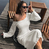 PICSGIRL  -  Elegant Knitted Sweater Maxi Dress Outfits For Women Flare Sleeve Sexy Backless Lace Up Dress Knitwear Party Clothes Lady