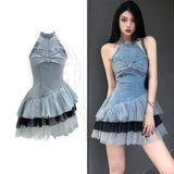 PICSGIRL  -  Halter Neck Denim Elegant Dresses For Women Summer 2024 New Evening Waist Mesh Short Dress Luxury Fashion Party Women’s Dresses