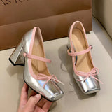 PICSGIRL  -  Chunky Heel Mary Jane Shoes Bow Fashions Square-toe High Heels Summer 2024 Retro Platform Sandals Silver Heeled Mary Jane Women