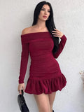 PICSGIRL  -  Off Shoulder Slim Ruffle Dress Female Bodycon Long Sleeve High Waist Pleated Mini Dresses Elegant Evening Sheath Dress