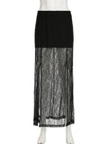 Picsgirl -  Blakc Lace See-Through Maxi Skirt For Women Mesh Sexy High Waist Patchwork Side Split Long Skirt Ladies Printed Maix Skirt