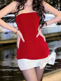 PICSGIRL  -  Women's Christmas Red Bow Dress Vintage Sleeveless Off Shoulder Mini Dresses Y2k Elegant One Piece Frocks 2000s Coquette Clothes