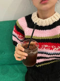 PICSGIRL  -  Multicolor Striped Handmade Jumper Sweet Rainbow Wool Blended Color Block Knit Tee Short Sweater Autumn/Winter Woman Knitwear