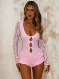 PICSGIRL  -  Lace Spliced Sexy Slim Bodysuits For Women Hollow See Through Fashion Low Collar Hot Girl Party Club One Piece Bodysuits