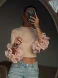 Picsgirl Elegant Pink Pleated Round Collar Shirt Casual Slim Fit Long Sleeve Short Tops 2023 Fashion Female Autumn Office Ladies Pullover