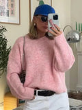 PICSGIRL  -  Elegant Knit Solid Women Pullover Loose Full Sleeve O Neck Female Sweater 2024 Autumn Fashion Pink All Match Lady Knitwear