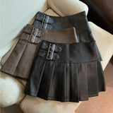 PICSGIRL  -  Imitation Leather Mini Skirt with Belt Detail Summer A-line Short Skirt Women Pleated High Waist Mini Skirt Streetwear