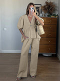 PICSGIRL  -  Cotton Loose Female Pajama 2 Piece Suit Short Sleeve Nightgown Sexy V-Neck Sleepwear Pants Casual Women Nightwear Set