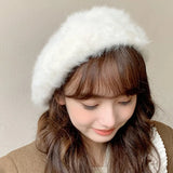 PICSGIRL  -  Winter Rabbit Fur Soild Color Beret Hats Women For Adjustable Elastic Band Warm Beret Elegant Soft French Artist Beanie Hat Girl