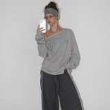 PICSGIRL  -  Letter Print Long Sleeve Skew Collar Loose Casual Irregular T-Shirt Fashion Vintage Tops Autumn Streetwear Sweatshirt