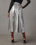 PICSGIRL  -  New Fashion Giny Pleated Long Skirts Autumn Winter High Waist A- Shaped Midi Long Metallic Pleated Skirt for Women Skirts