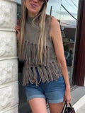 PICSGIRL  -  Tassels Knit Vests Women Casual Loose Half Neck Sleeveless Hollow Out Vest Female Fashion Solid Soft New Knitwears Lady