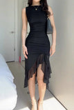 PICSGIRL  -  Sexy Celebrities Solid Fold Asymmetrical O Neck Irregular Dress Dresses