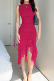 PICSGIRL  -  Sexy Celebrities Solid Fold Asymmetrical O Neck Irregular Dress Dresses