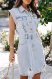 Casual Solid Pocket Buckle Turndown Collar Sleeveless Regular Denim Dresses